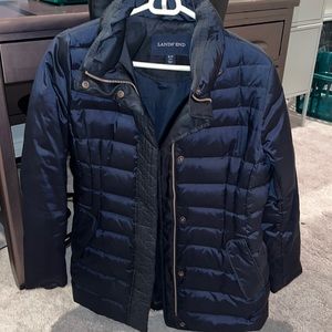 Navy Lands’ End puffer jacket with zipper and buttons